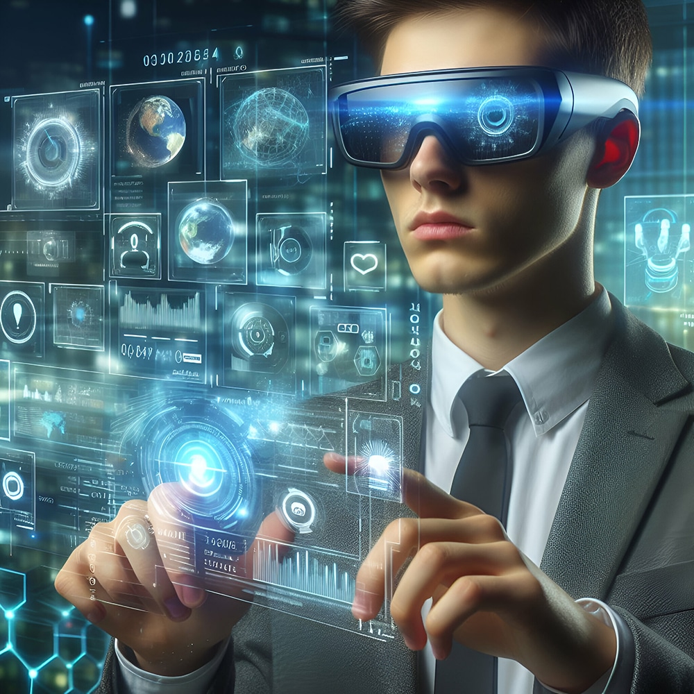 A person in a suit wearing futuristic virtual reality glasses interacts with floating digital holograms displaying charts, maps, and data icons in a high-tech, virtual environment.
