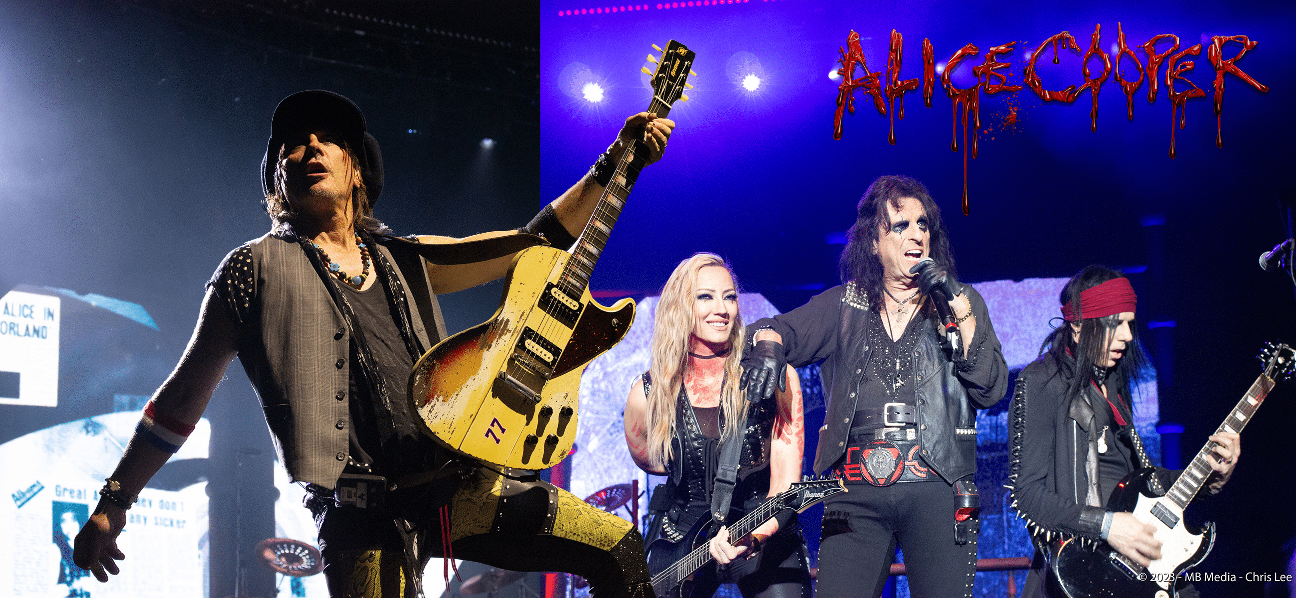 A rock band performs energetically on stage under bright lights, with the lead singer holding a microphone. The text Alice Cooper appears in bold, stylized letters in the top right corner.