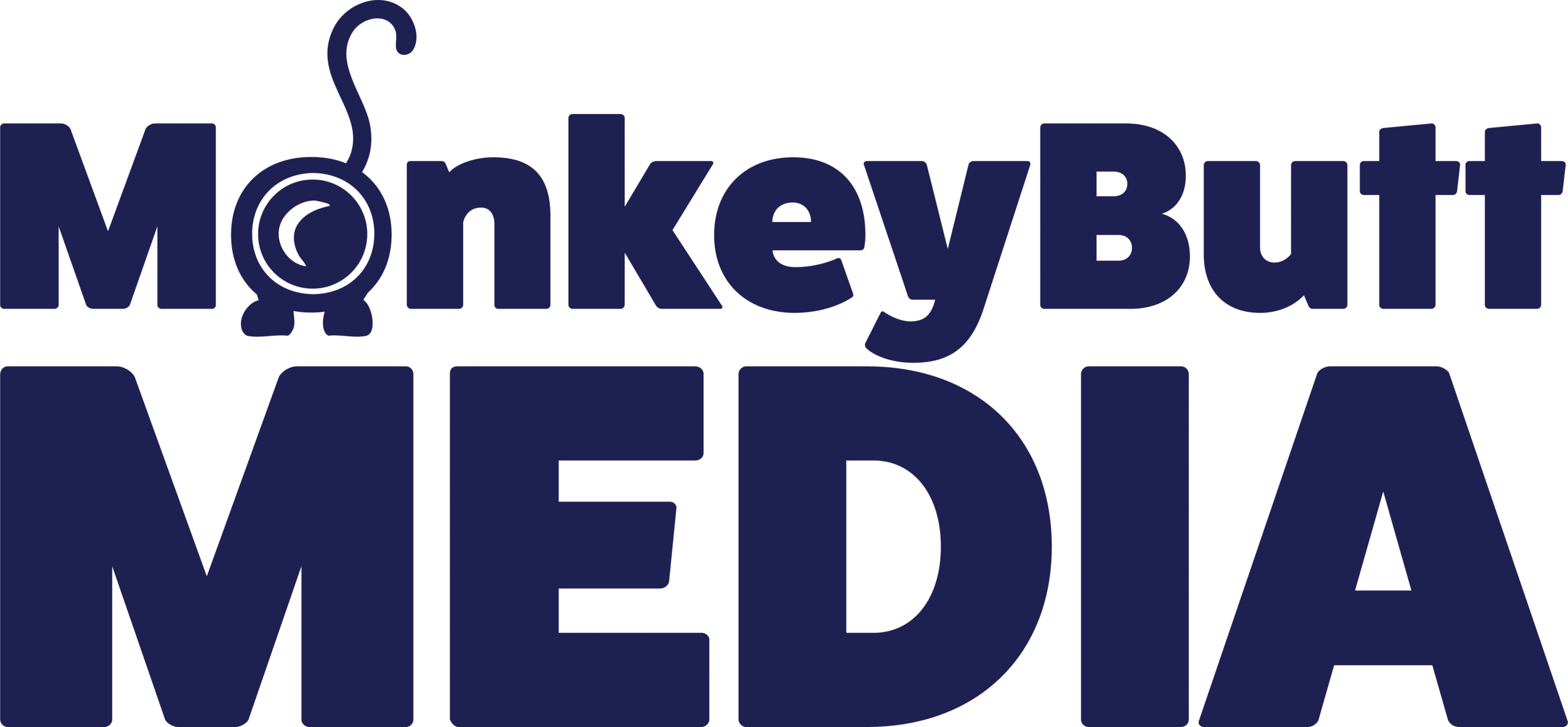 Logo for Monkey Butt Media with MonkeyButt in bold letters above MEDIA. The letter O in Monkey is stylized as a monkeys rear with a curled tail forming the letter.