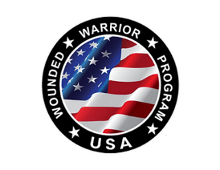 A circular logo featuring a waving American flag in the center, surrounded by a black ring with white stars and the words Wounded Warrior Program USA.