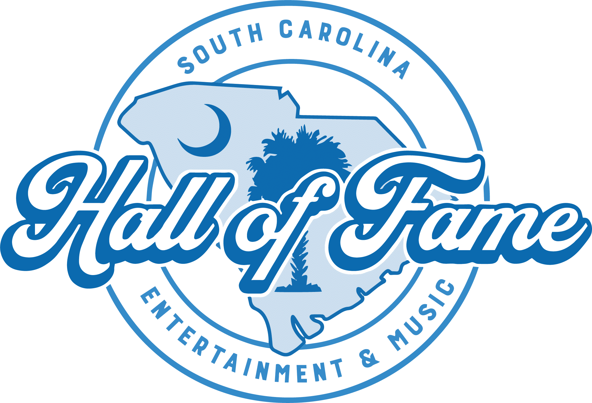 Logo for the South Carolina Entertainment & Music Hall of Fame featuring a blue outline of the state with a palmetto tree and crescent moon, and bold script text reading Hall of Fame.