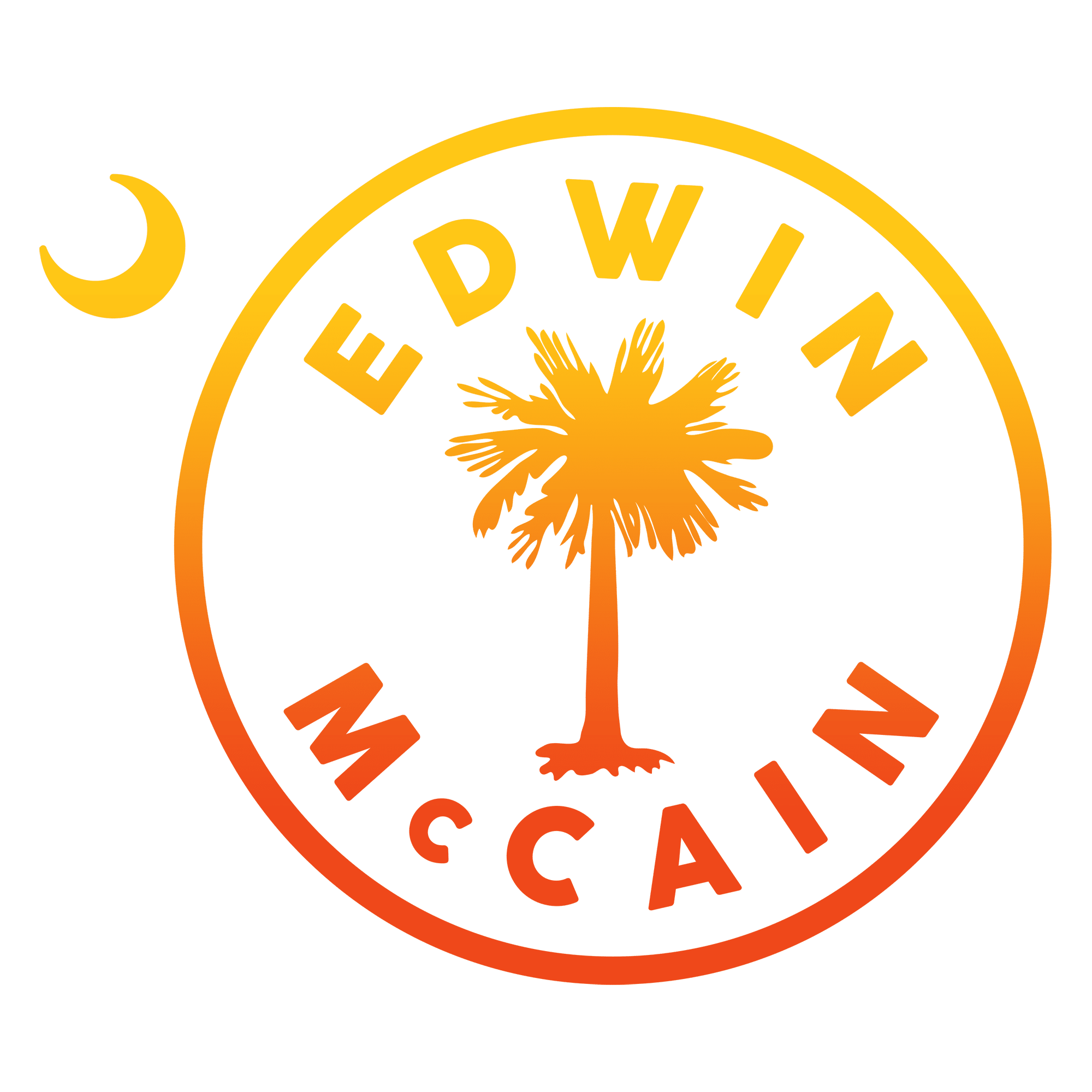 A circular logo with a gradient outline and text reading Edwin McCain. A palm tree is centered inside the circle, and a crescent moon is outside to the upper left. The colors fade from yellow to orange. A circular logo with a gradient outline and text reading Edwin McCain. A palm tree is centered inside the circle, and a crescent moon is outside to the upper left. The colors fade from yellow to orange.